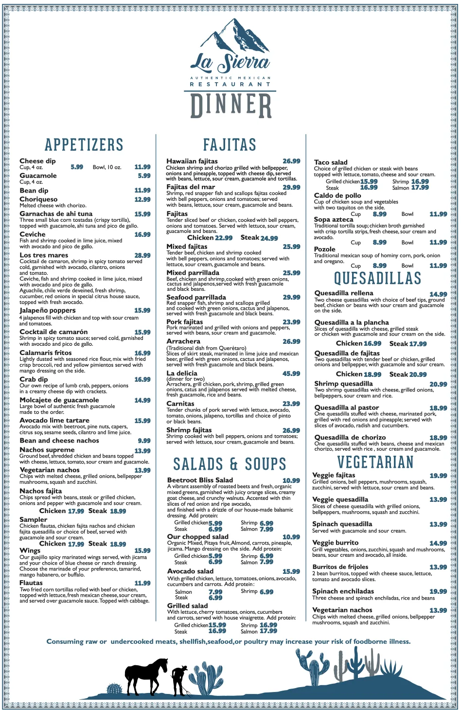 Dinner menu page one at La Sierra Mexican restaurant