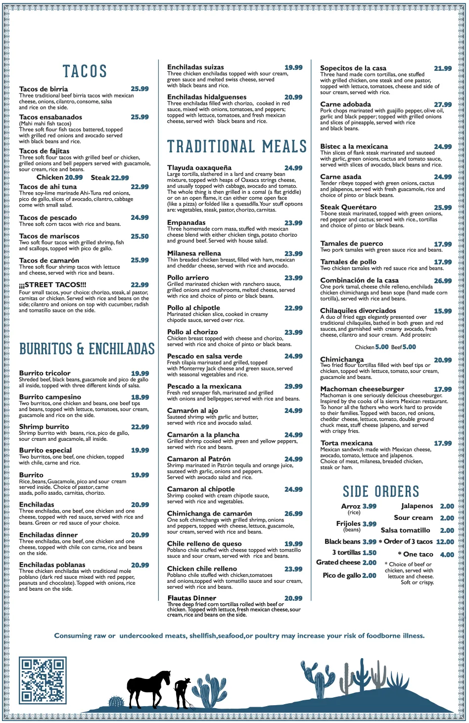 Dinner menu page two with fajitas and seafood