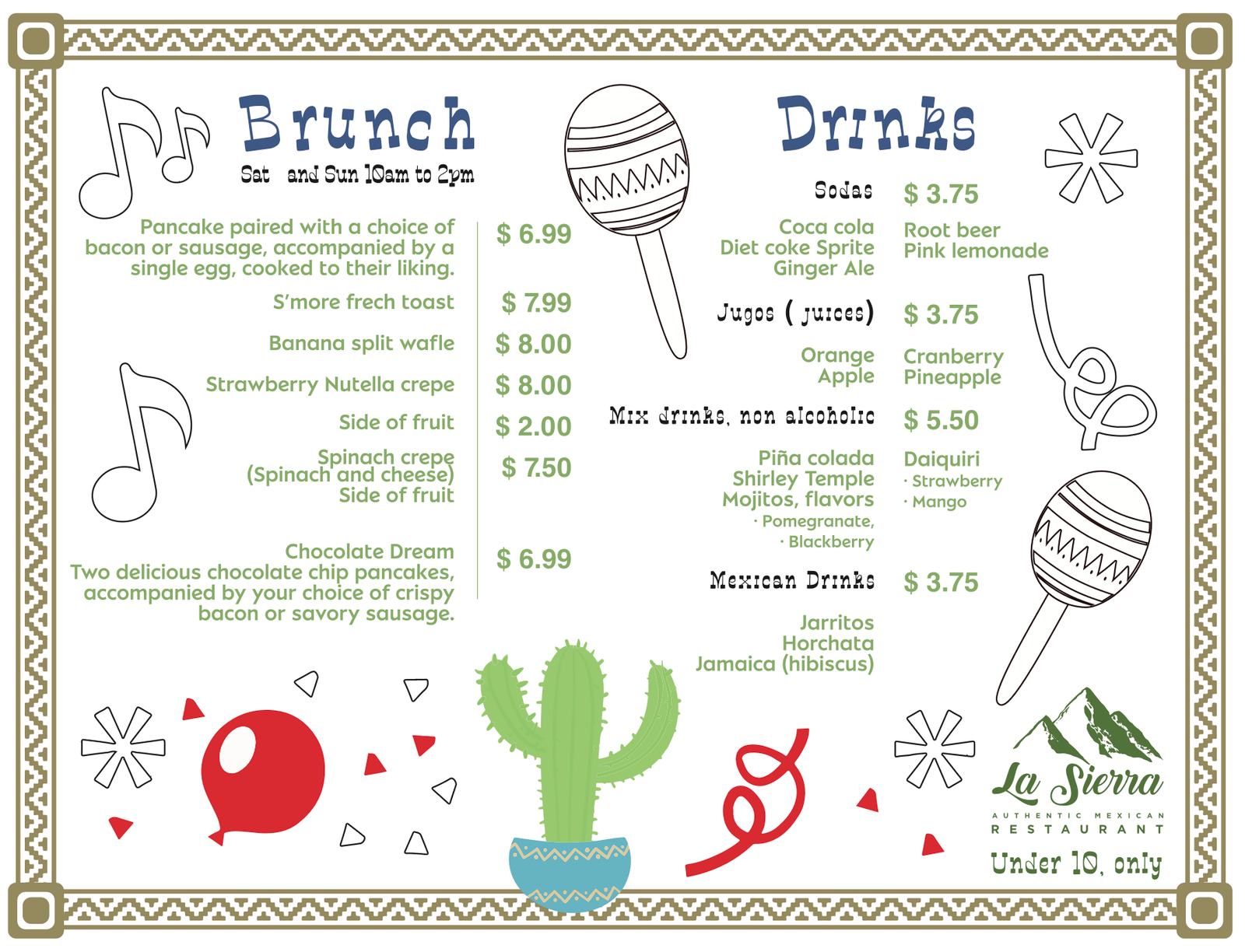 Kids brunch and drinks menu at La Sierra Annapolis