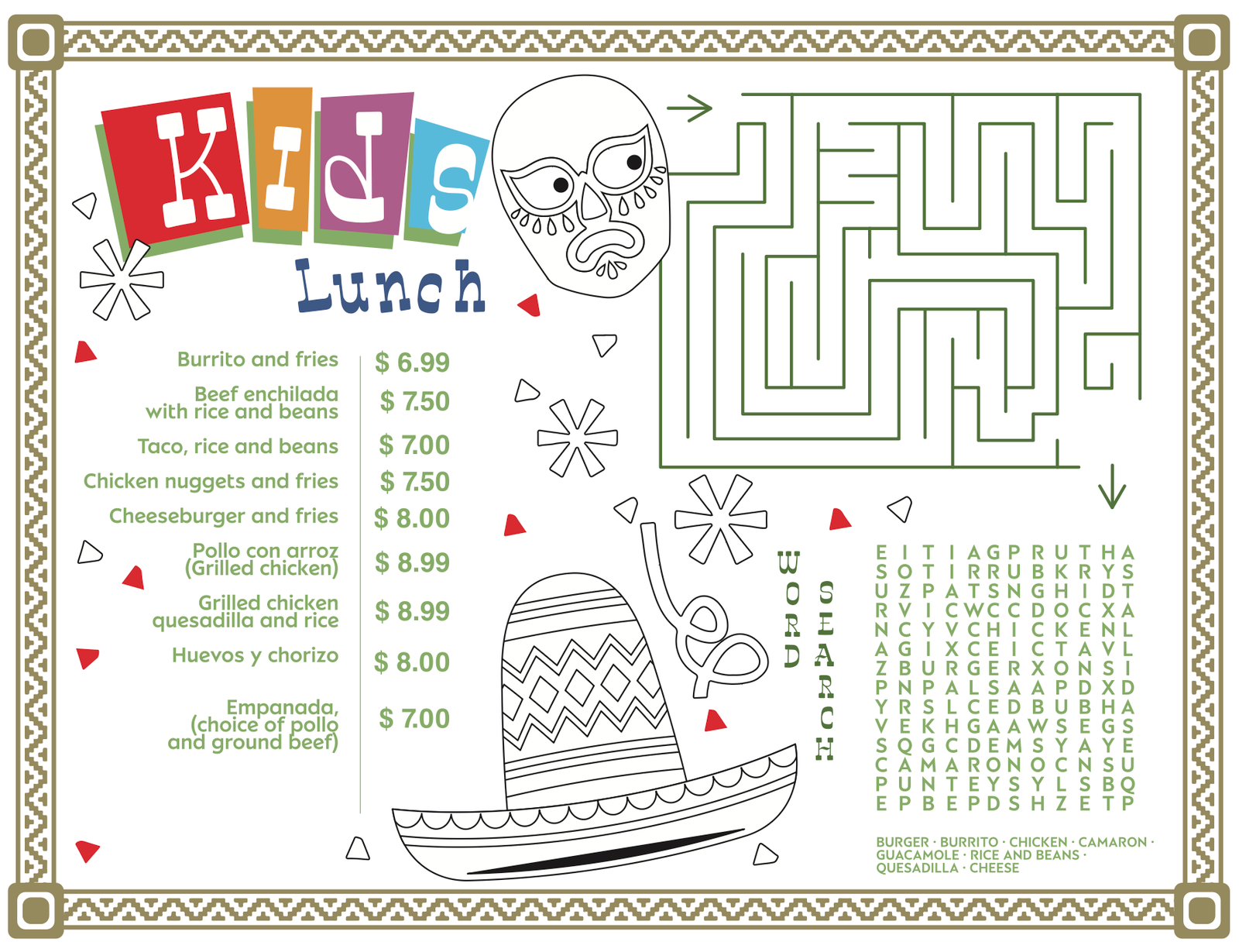 Kids lunch menu at La Sierra Annapolis
