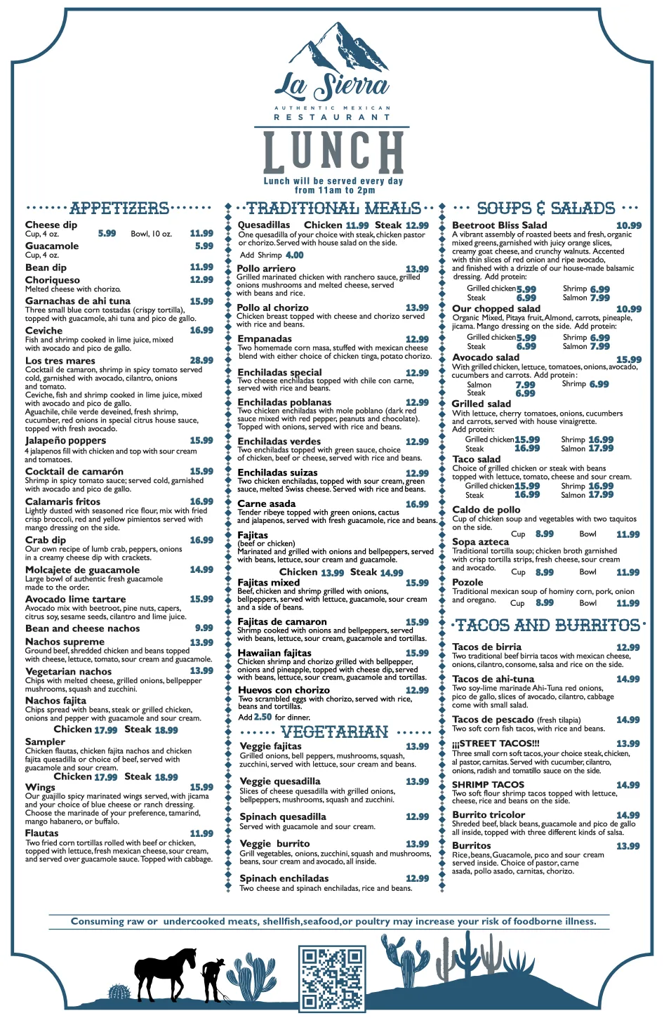 Lunch menu with tacos and Mexican food