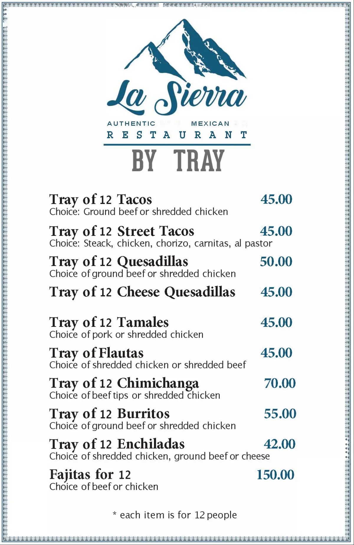 Catering tray menu page one